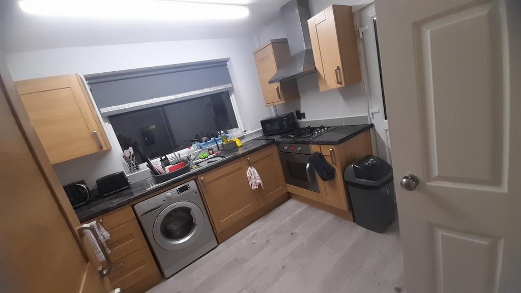 Neat modern kitchen with wood-effect cabinets, ...