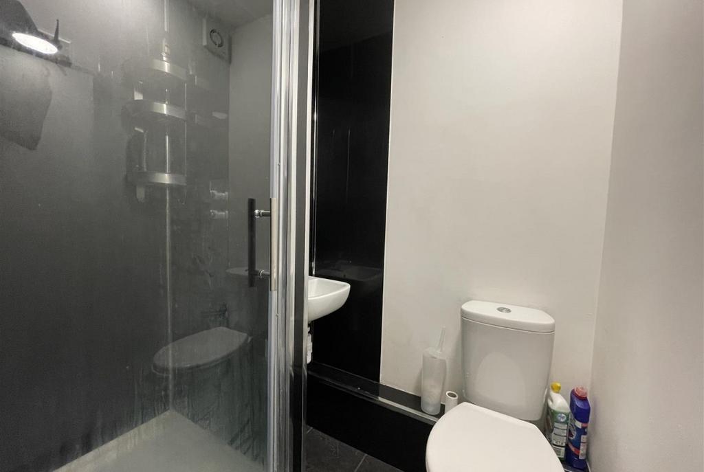 Modern bathroom with a walk-in shower, compact ...