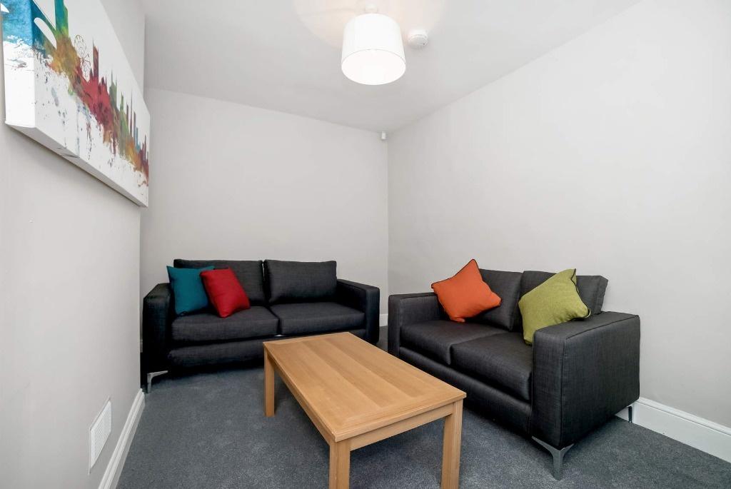 Neat modern living room with two dark sofas, co...