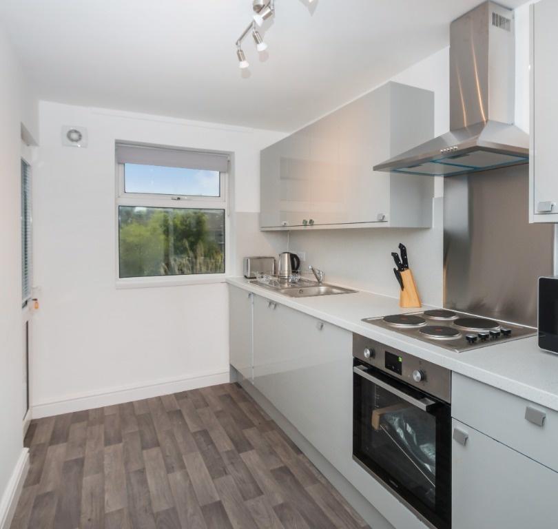 Bright modern galley kitchen with sleek grey ca...