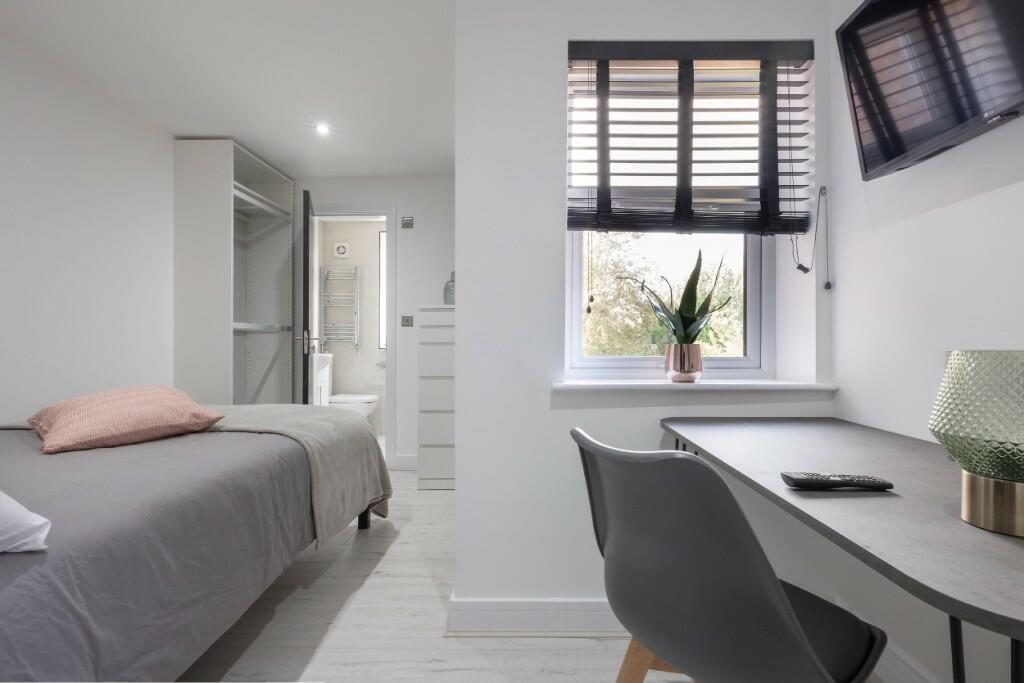 A bright and tidy single bedroom featuring a mo...