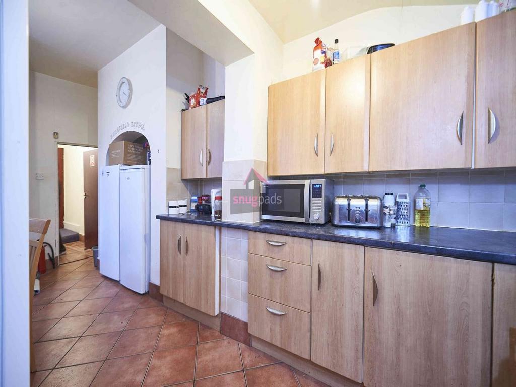 Bright galley-style kitchen with light wood cab...