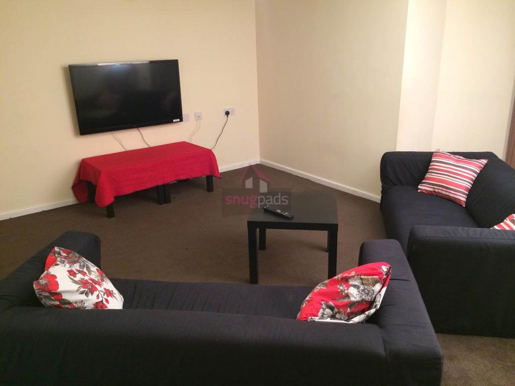 Comfortable living room with two dark sofas, co...