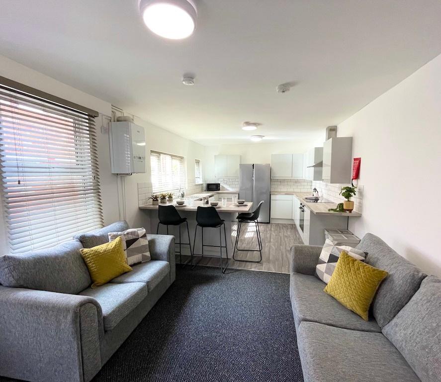 Bright, modern open-plan living area with two c...