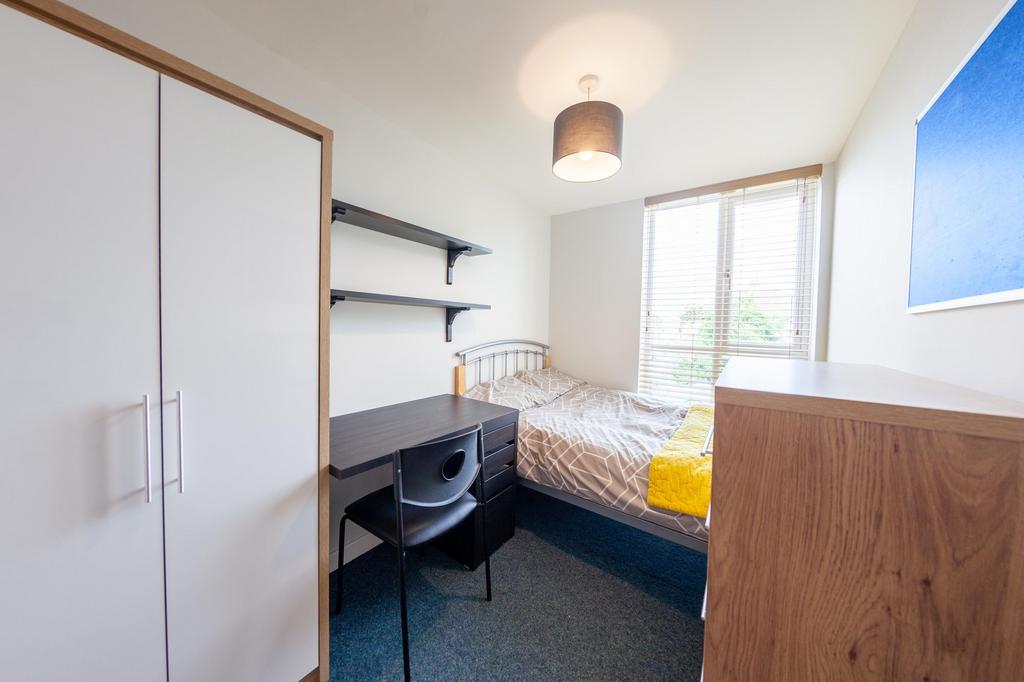 Bright, neatly furnished single bedroom with a ...