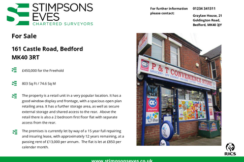 Retail property (high street) for sale, 161 Castle Rd Bedford MK40 3RT