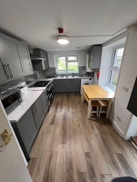 Bright modern kitchen with grey fitted cabinets...