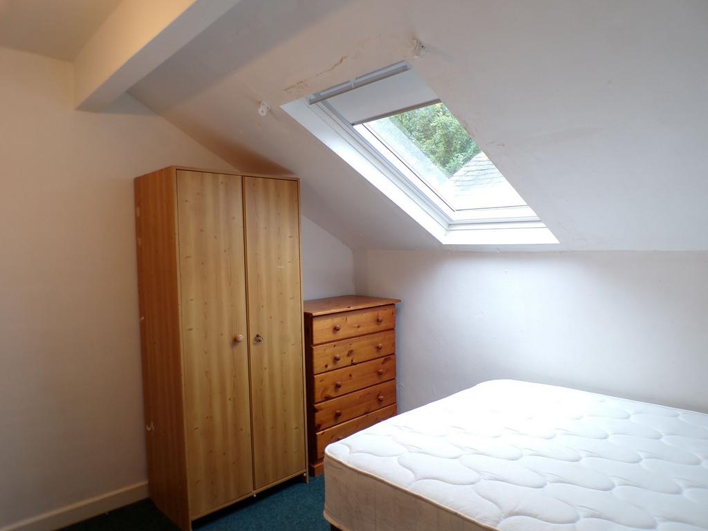Bright attic bedroom with a large skylight, fit...