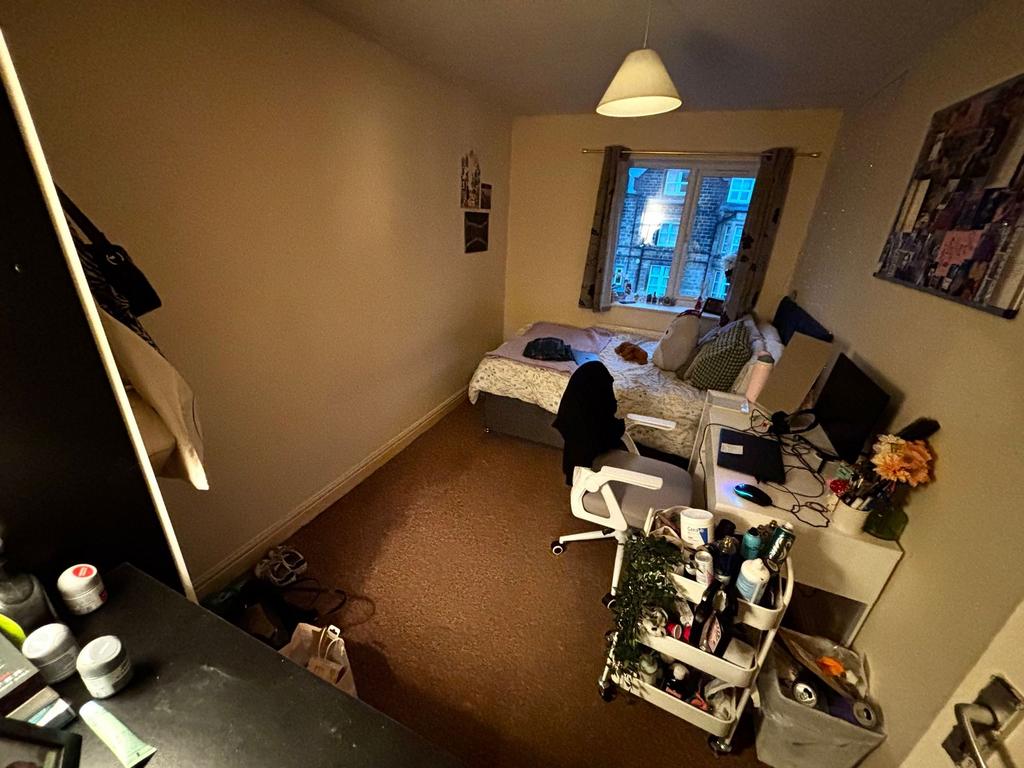 Cozy furnished single bedroom with a bed by the...