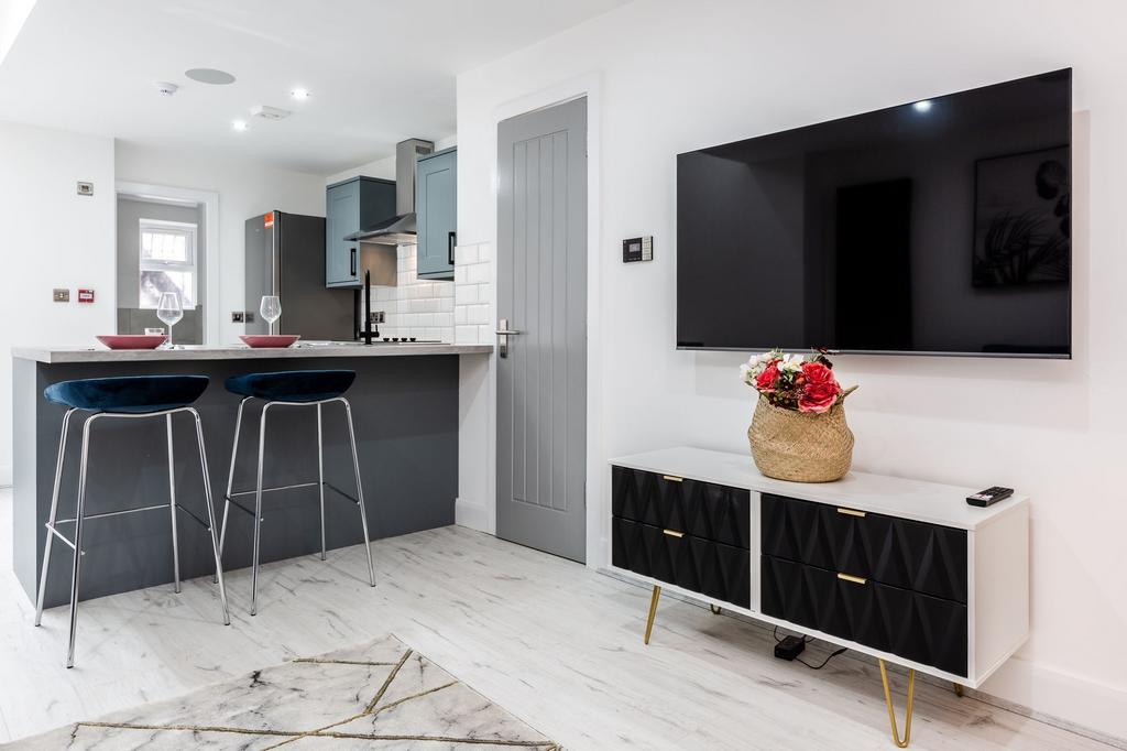 Modern and stylish living room featuring a larg...