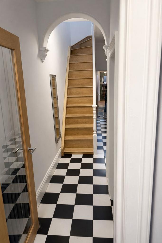 Bright, freshly painted hallway with striking b...