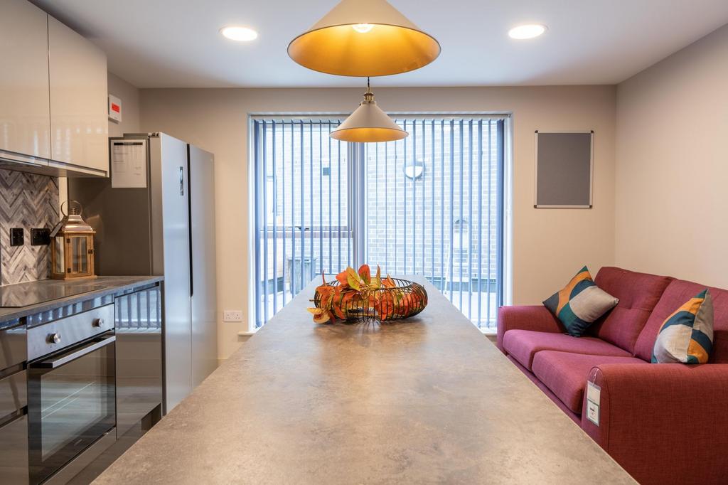 Modern open-plan kitchen with a long island cou...