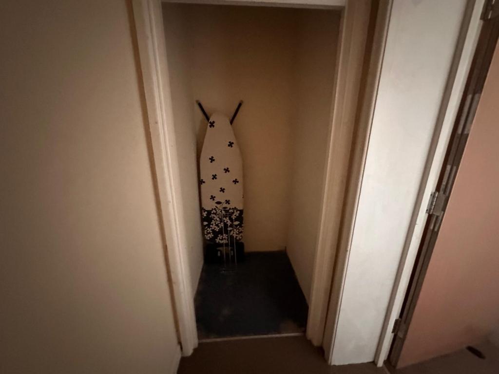 Small internal storage closet with an ironing b...