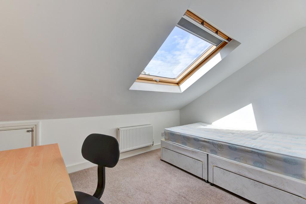 Bright attic bedroom with a large skylight, bui...