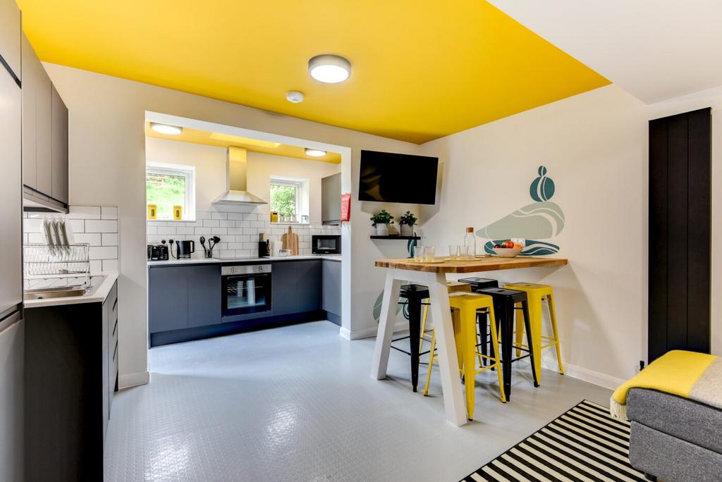 Bright modern kitchen and dining area with cont...