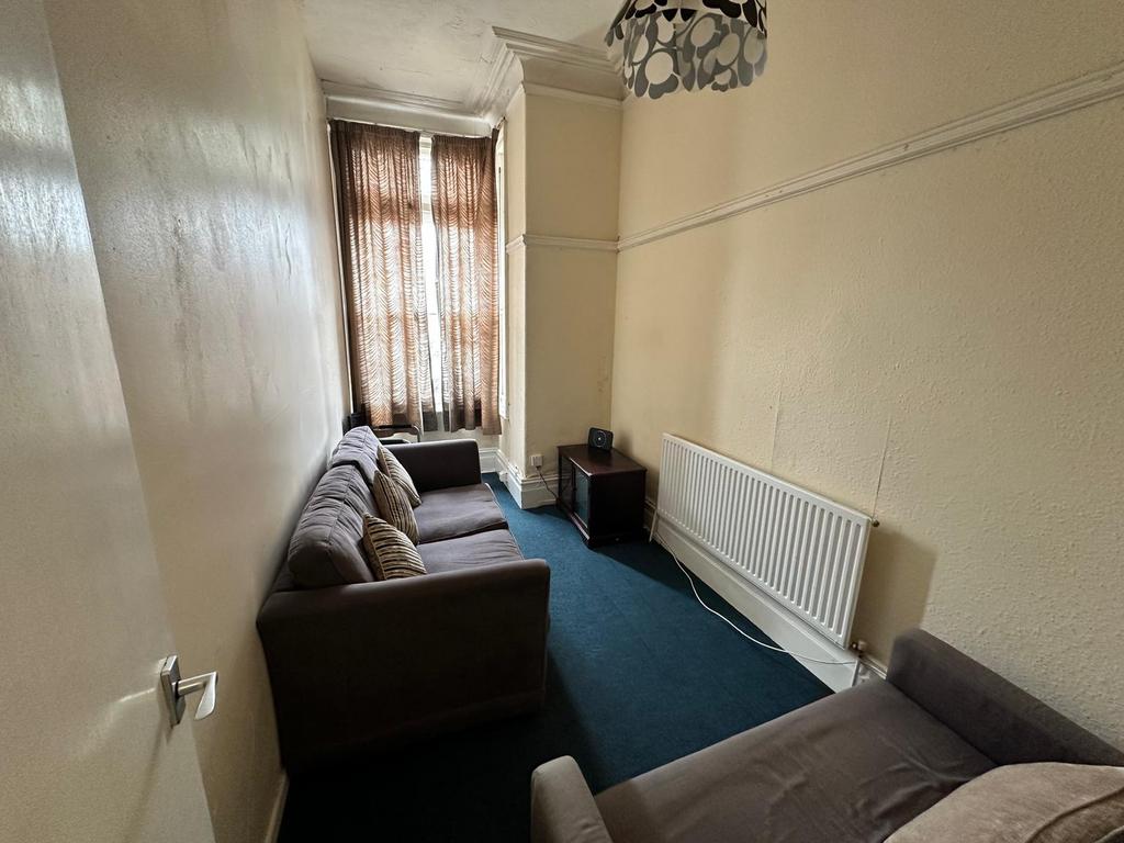 Long, narrow living room with two comfortable s...