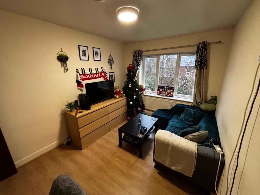 Bright, well-kept living room with a comfy teal...