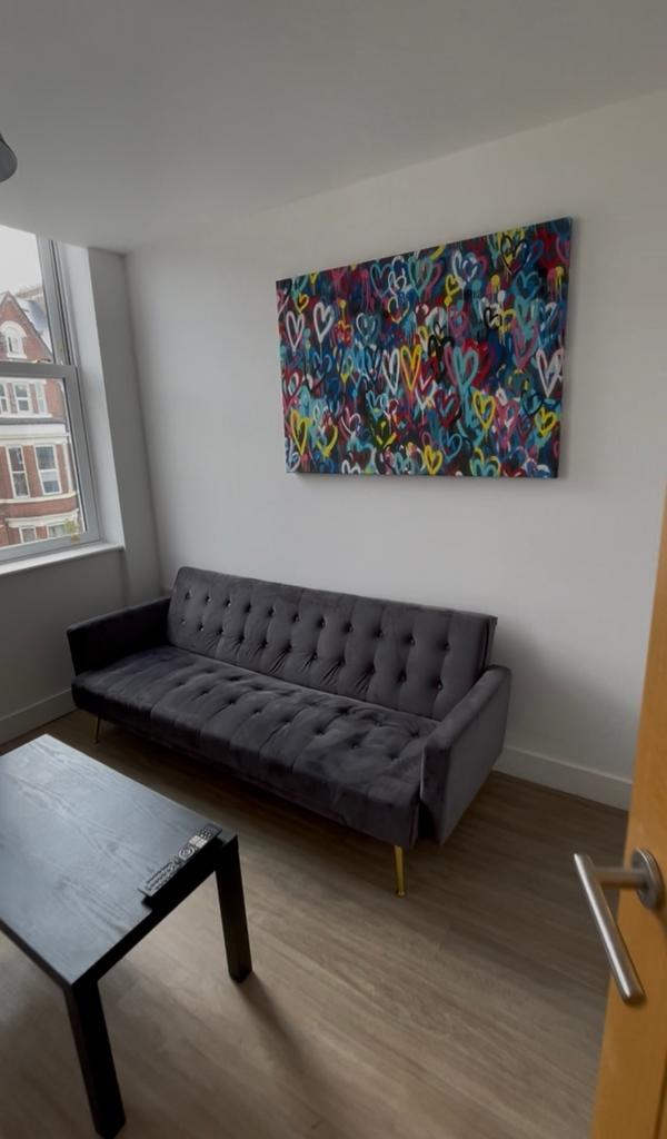 Bright contemporary living area with a large fr...