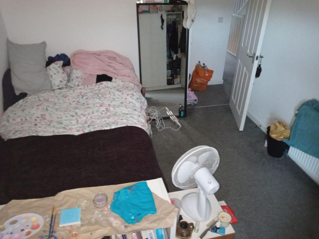Cozy bedroom with a comfortable-looking bed, fu...