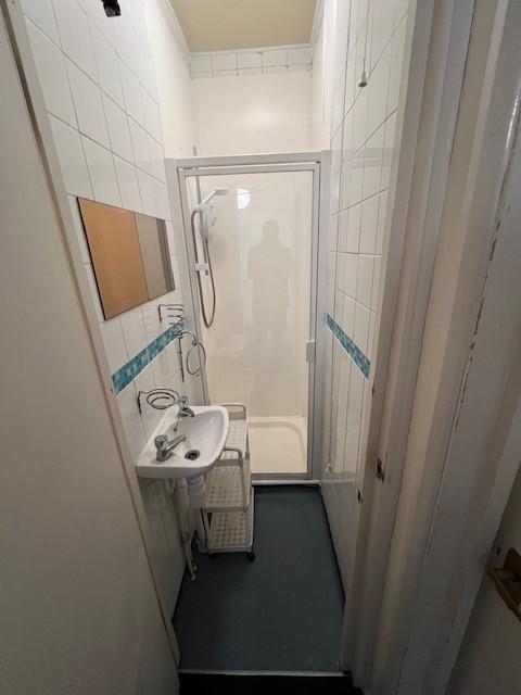 Narrow bathroom with a shower cubicle, small si...