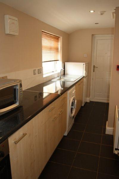Well-presented galley kitchen with sleek dark c...