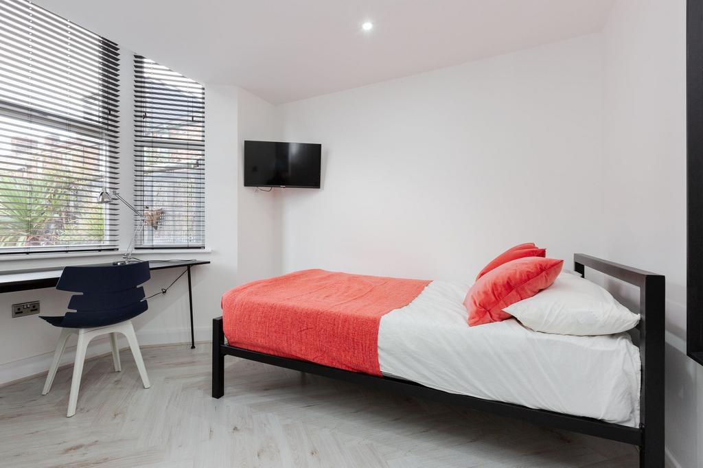 A bright and modern bedroom featuring a single ...