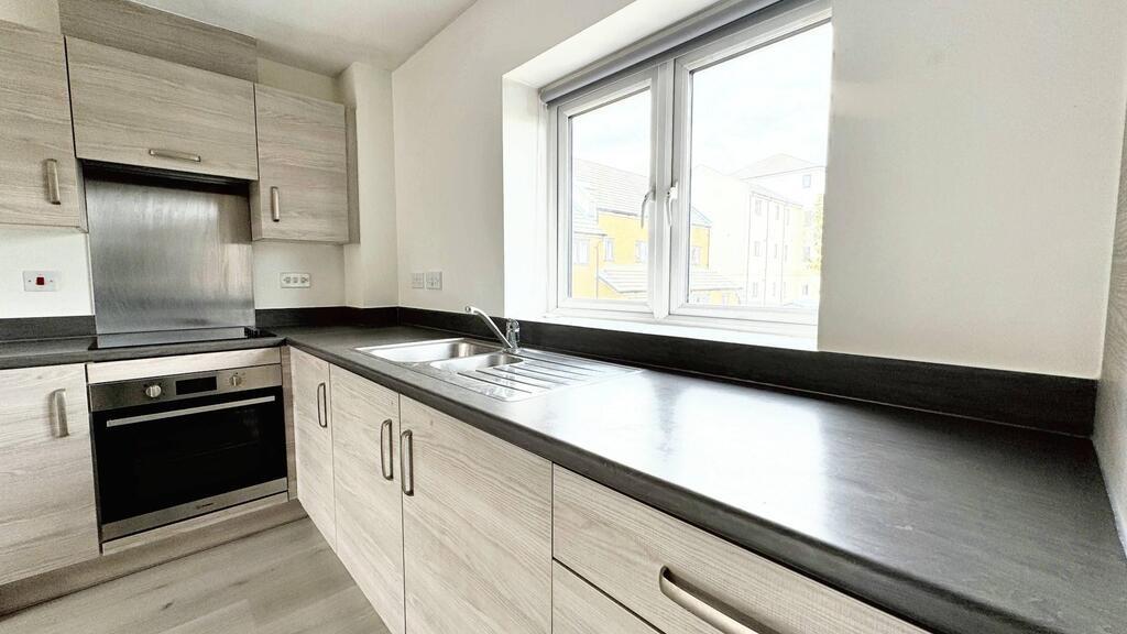 Bright modern kitchen with light wood cabinetry...
