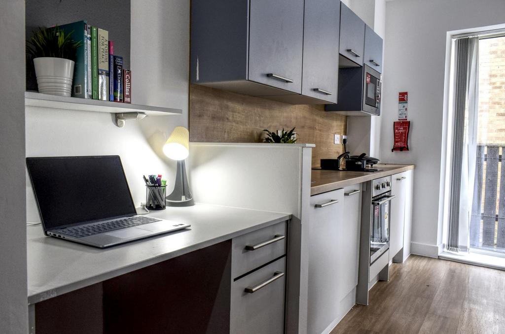A good sized desk with built in storage