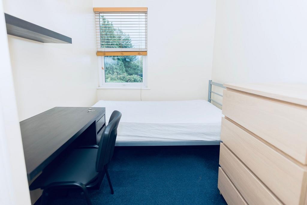 Bright, simply furnished bedroom with a single ...