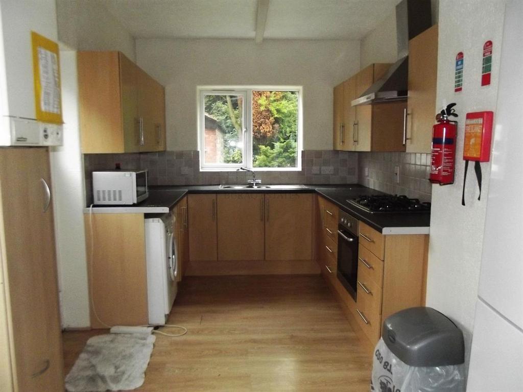 Bright galley-style kitchen with light wood cab...