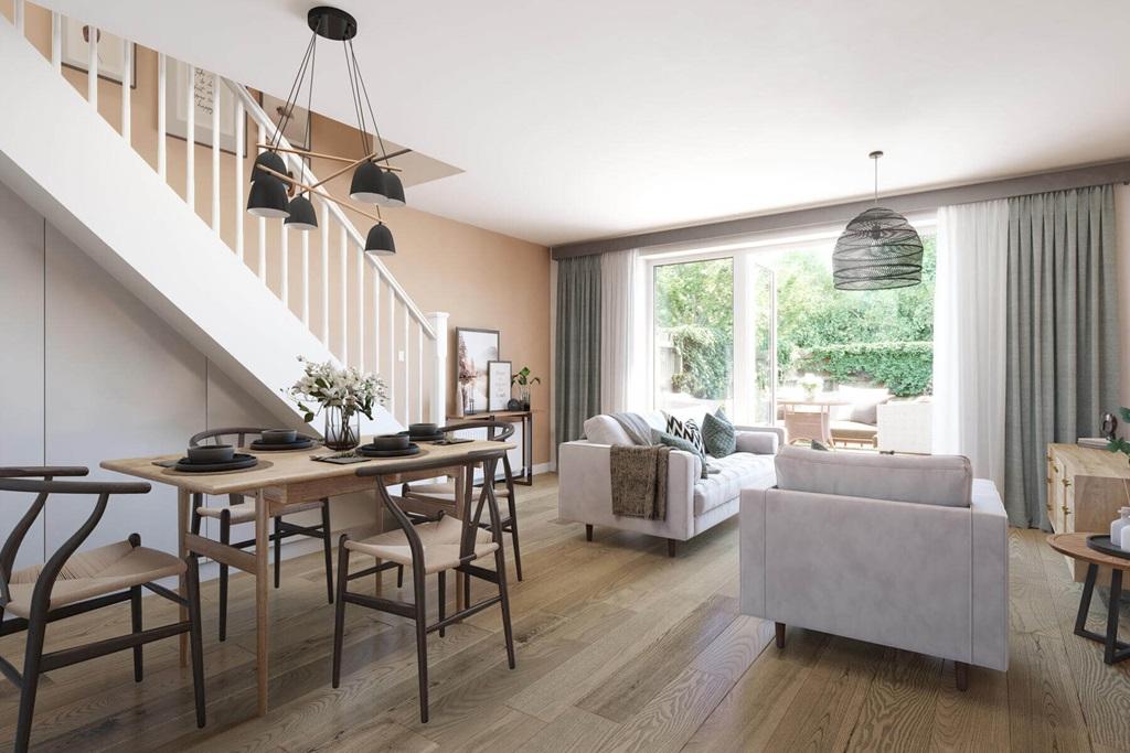 Double doors open from the open plan ground...