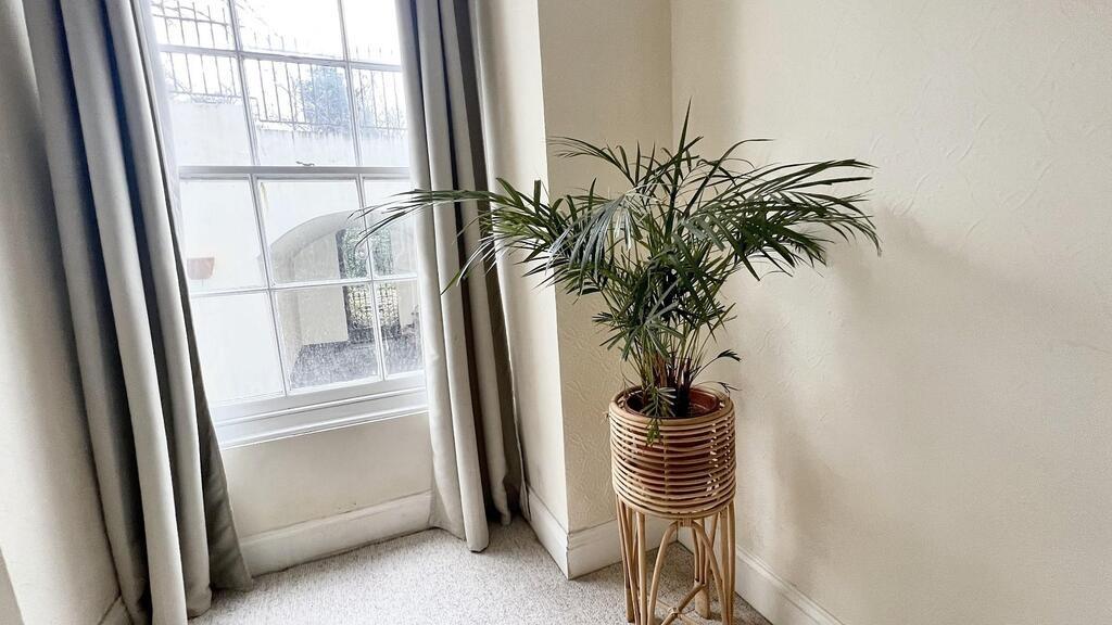 Bright, neutral bedroom corner with a large win...