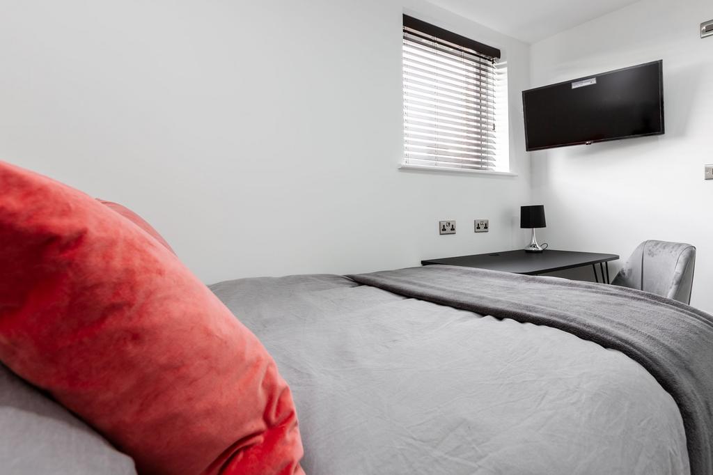 A spacious and well-lit bedroom featuring a dou...