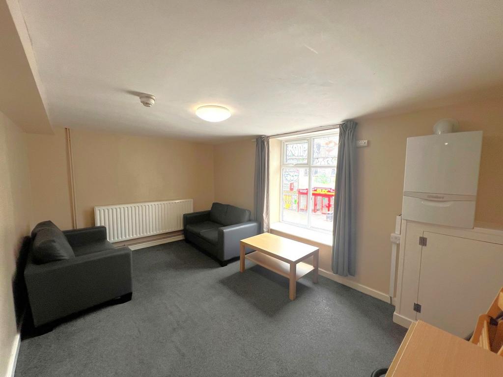 Bright, neutrally decorated living room with tw...