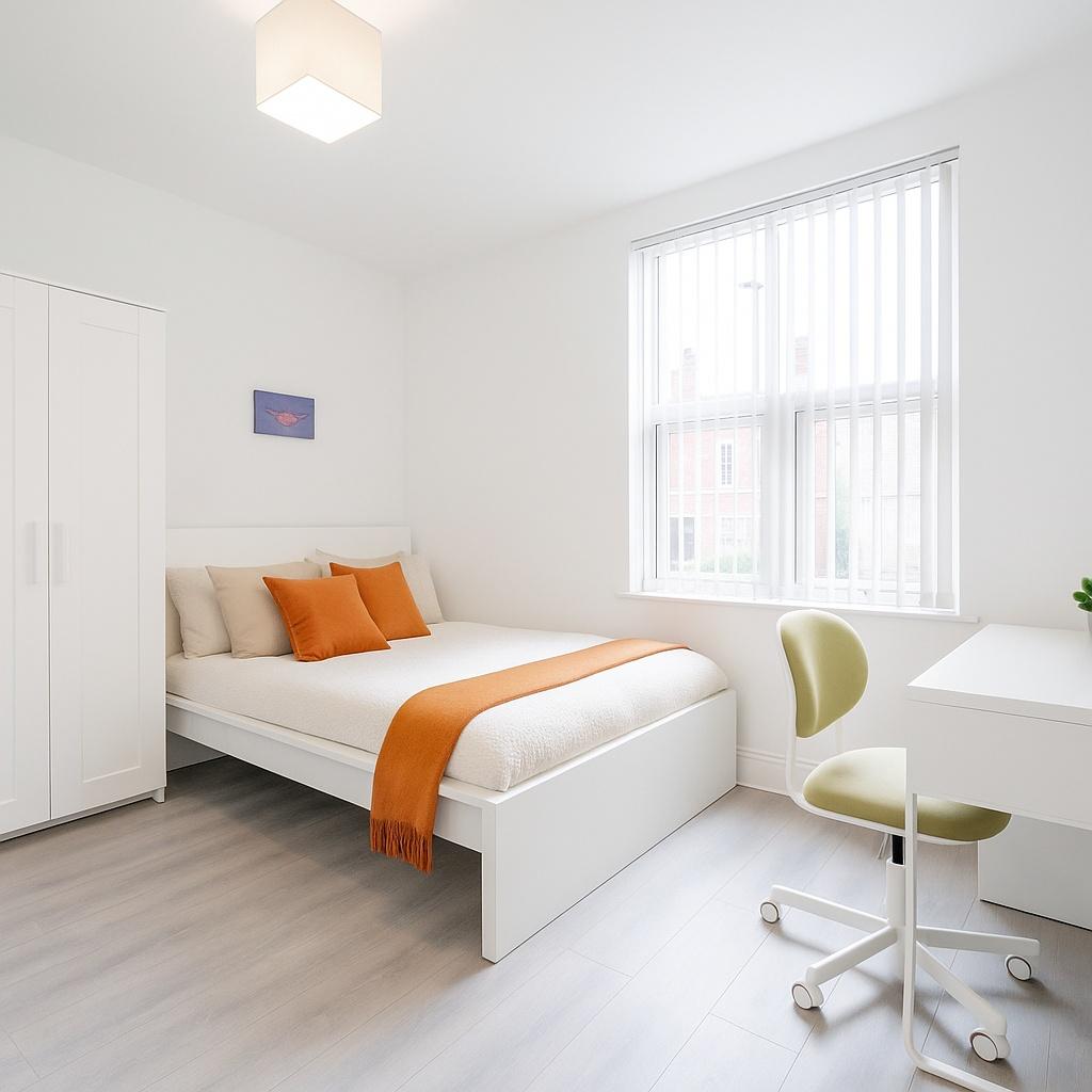 Bright and airy master bedroom featuring a comf...