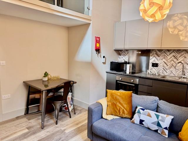 Bright, modern open-plan living area with a coz...