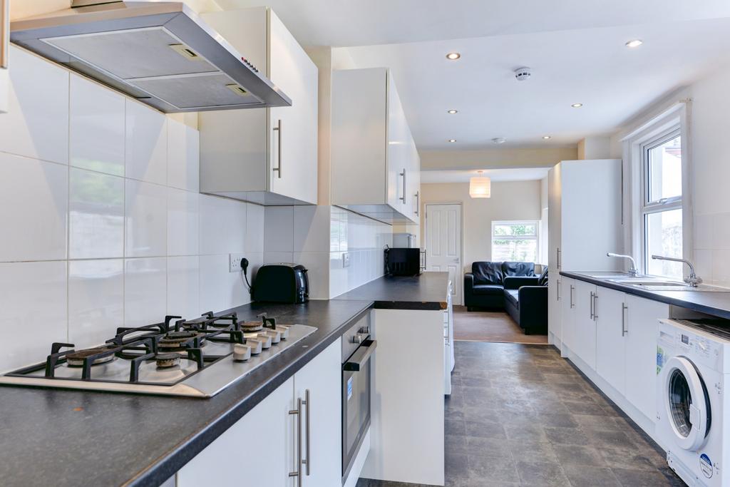Bright contemporary galley kitchen with sleek w...