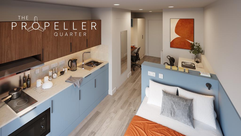 Bright, modern studio with integrated kitchenet...