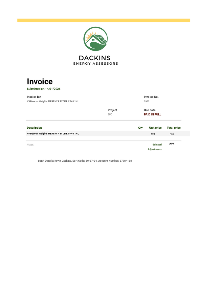 Invoice - 45 Beacon Heights MERTHYR TYDFIL CF48 1 N