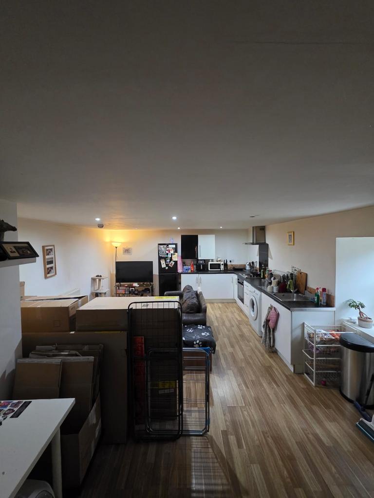 Open-plan kitchen-living area with wood-effect ...