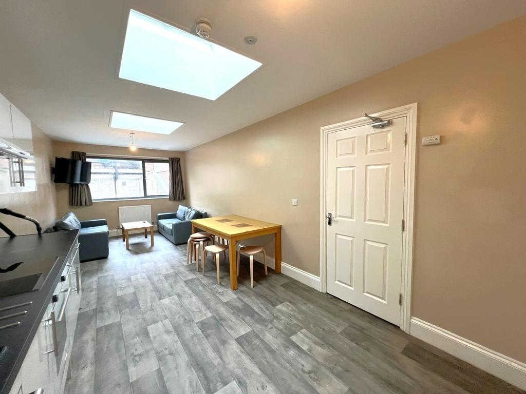 Bright open-plan living area with skylights, mo...