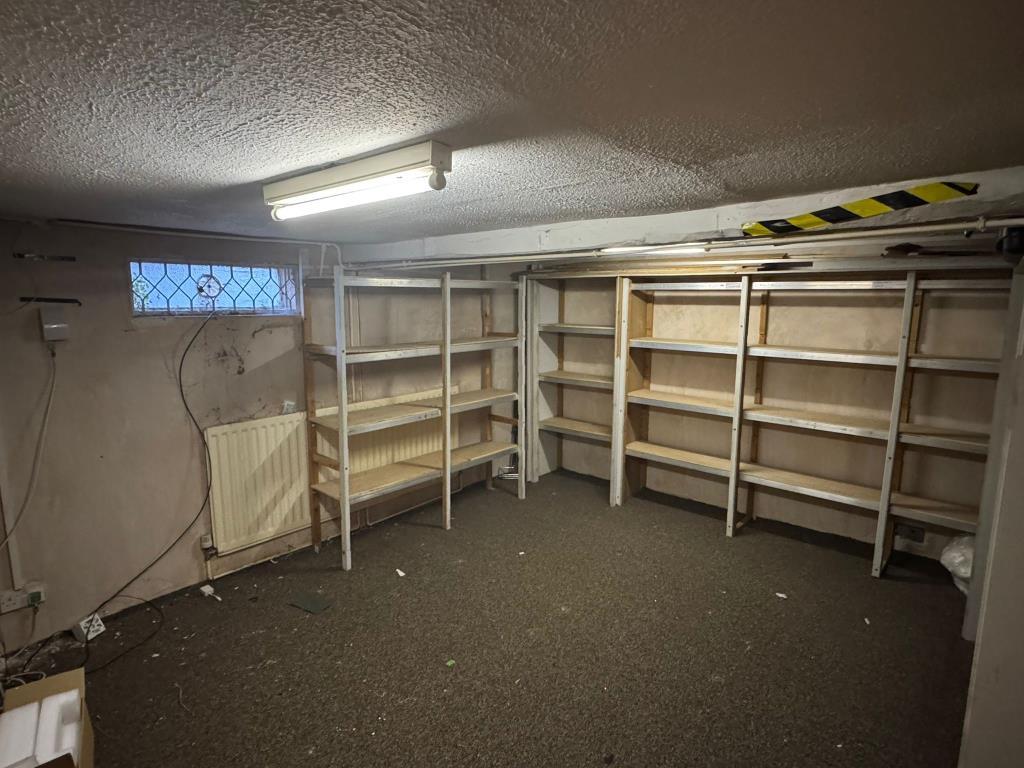 Basement with lighting and storage racks