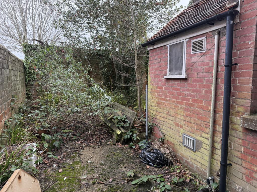 Garden with overgrowth and concrete patio area