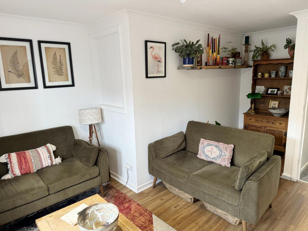 Living room with white painted walls and wood effe