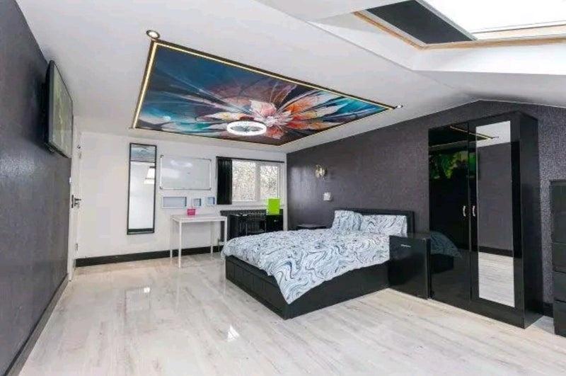 Spacious, modern bedroom with a comfortable dou...