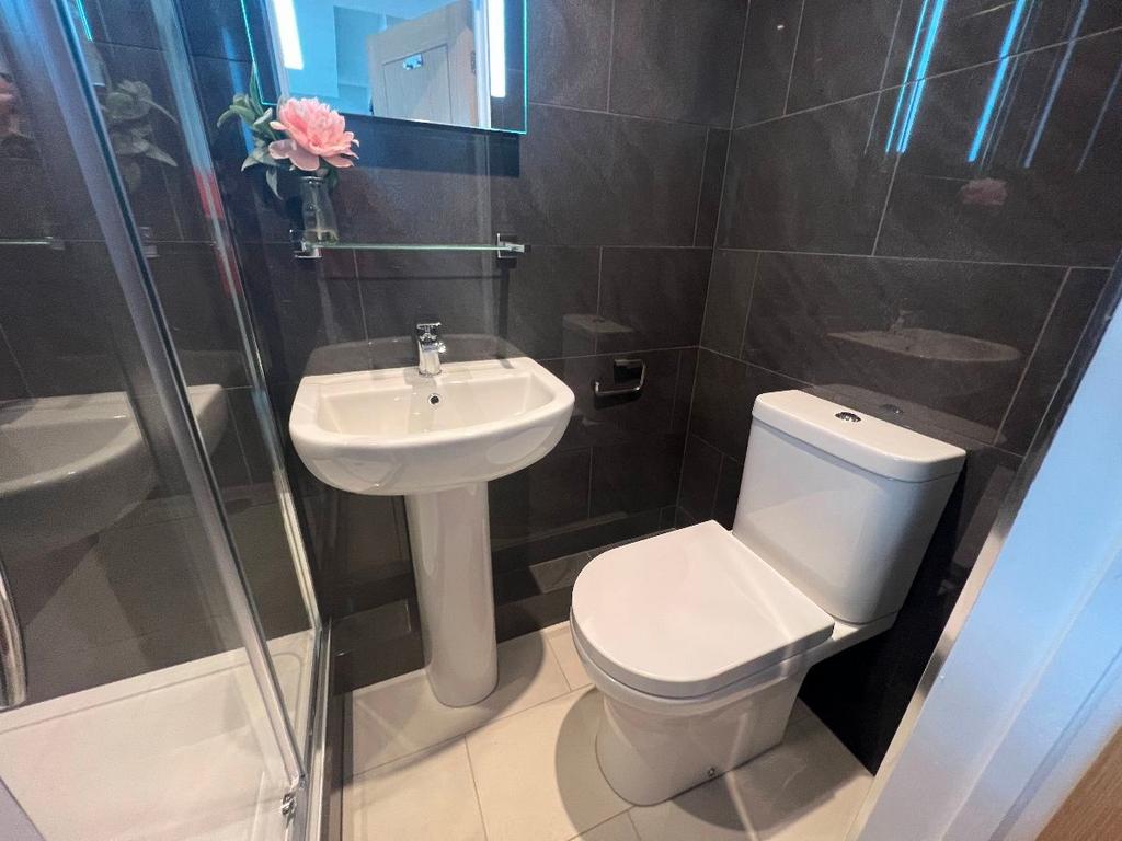Modern ensuite-style bathroom with a glass show...