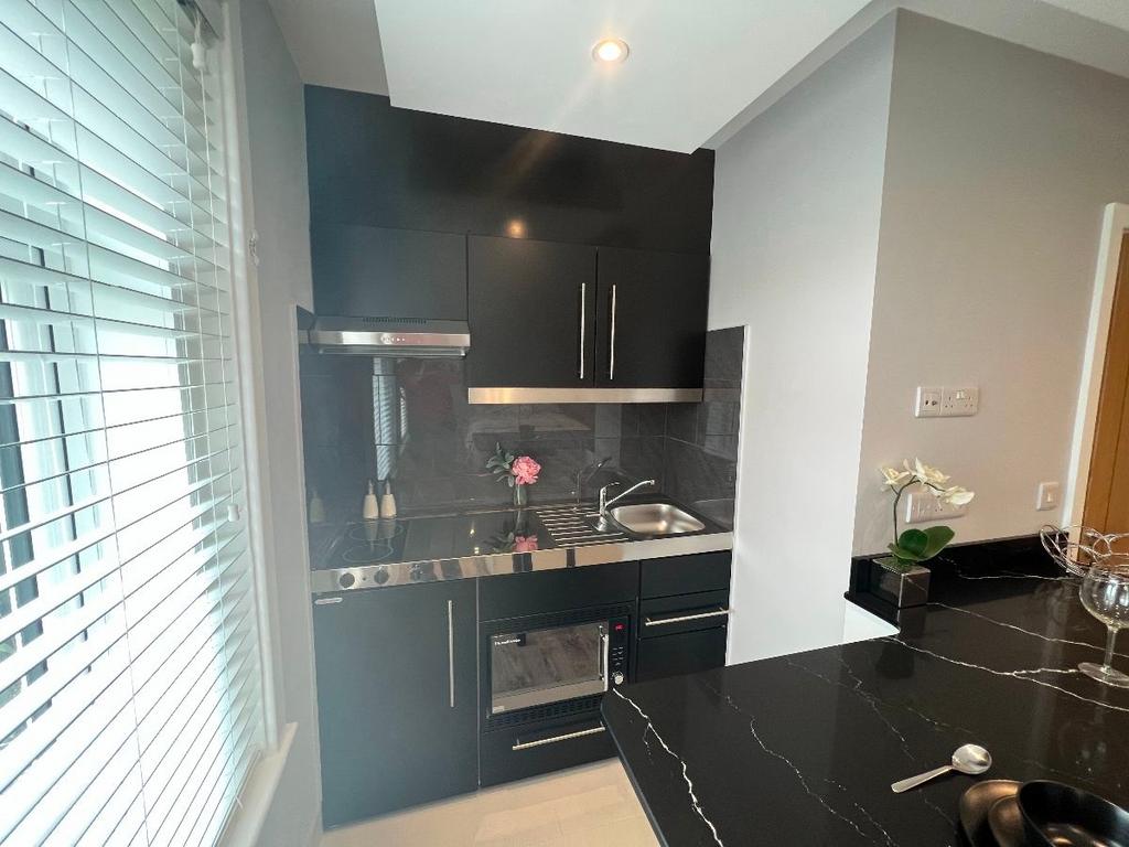 Modern compact kitchen with sleek black units a...