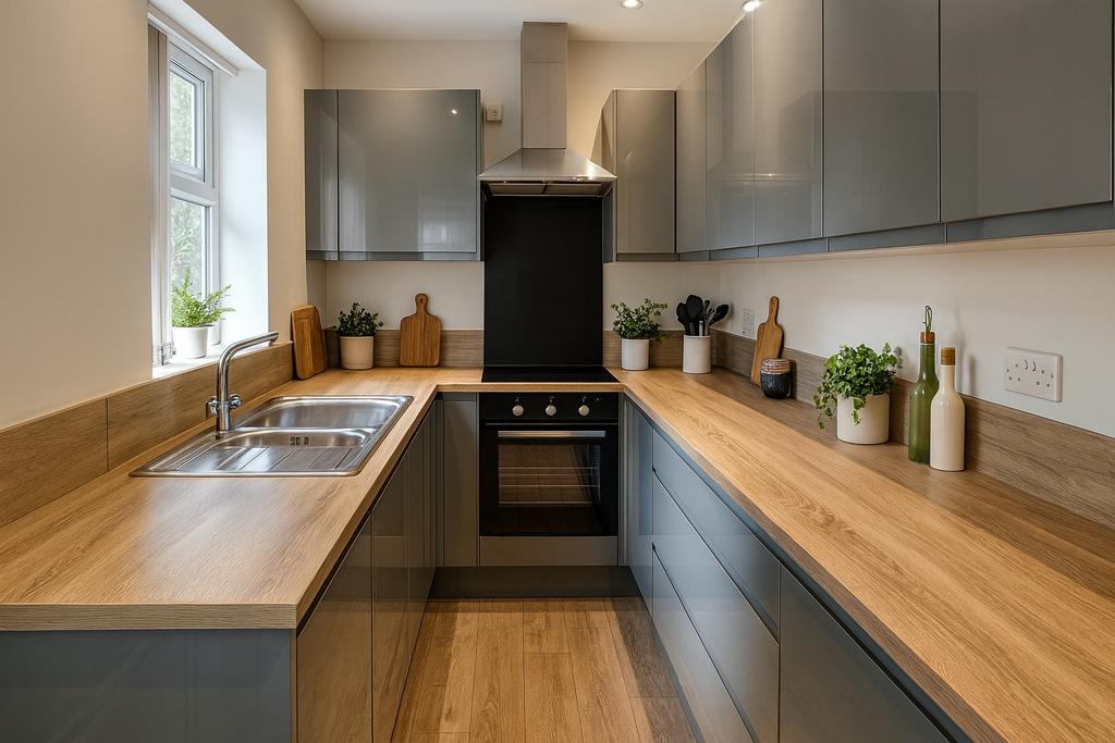 Contemporary galley kitchen with wood-effect wo...