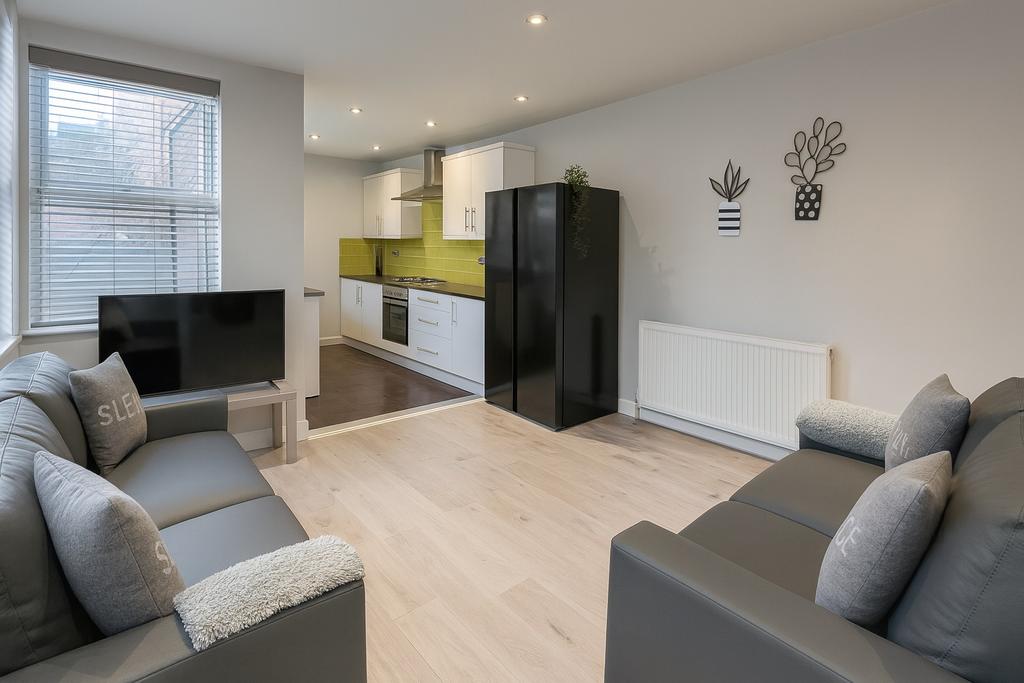 Bright, modern open-plan living room with two c...