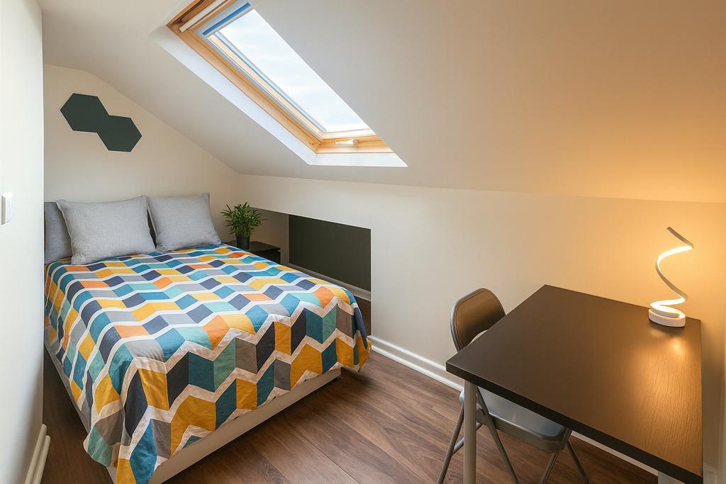 Bright, cosy double bedroom in an attic room wi...
